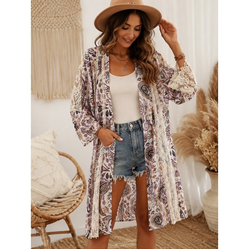 American Eagle Outfitters Floral Paisley Open‎ Kimono - White, Purple, Brown